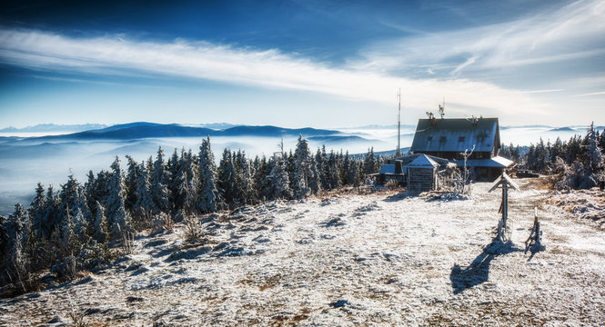 Hut in mountin during winter