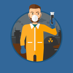 Man in radiation protective suit with test tube.