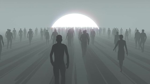 Hundreds of people male and female in silhouette, walking in mist towards large light. 