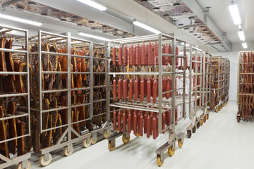 Fresh traditional sausages ready for drying in a smokehouse of a meat processing industry