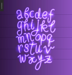 Neon alphabet volume 1 - vector illustrated script font glowing letters set on violet purple background