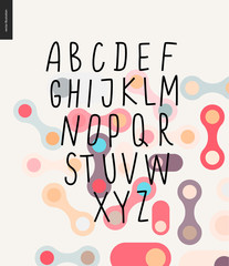 Vector hand written latin alphabet on patterned background with round shapes