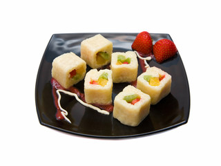 Dessert Maki Sushi - Roll with Various Fruit in rice pancake