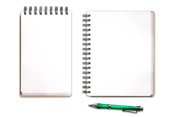 Blank spiral notebooks notepads on white background, with a pen