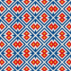 Bright ethnic abstract background. Seamless pattern with symmetric geometric ornament.
