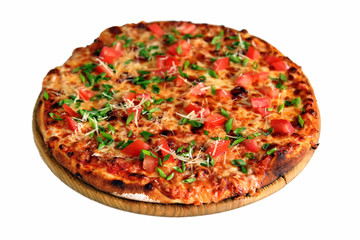 Pizza on wooden stand isolated on white