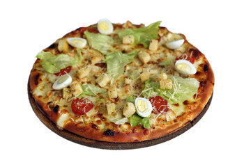 Pizza on wooden stand isolated on white