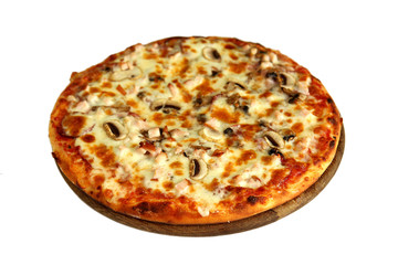 Pizza on wooden stand isolated on white