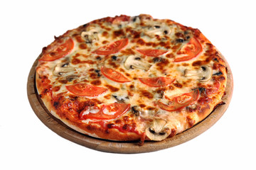 Pizza on wooden stand isolated on white