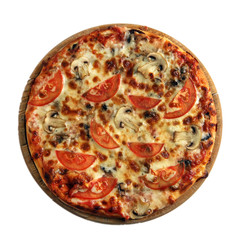 Pizza on wooden stand isolated on white