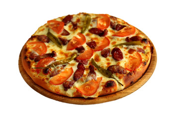 Pizza on wooden stand isolated on white