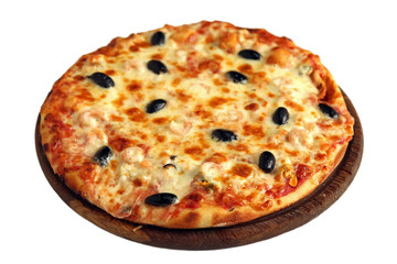 Pizza on wooden stand isolated on white