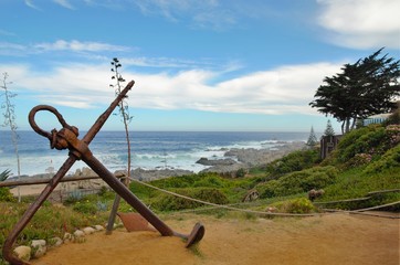 View onto the ocean outside of Pablo Nerudas house with an anchor in the foreground