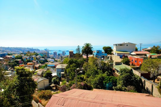 Panoramic view from La Sebastiana of Valparaiso in Chile
