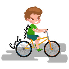 Boy cycling, racing kids sport, physical activity vector illustration