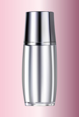 Isolated blank cosmetic bottle with silver cap on pink background (vector)