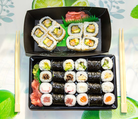Various kinds of fresh sushi on the table