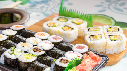 Various kinds of fresh sushi on the table