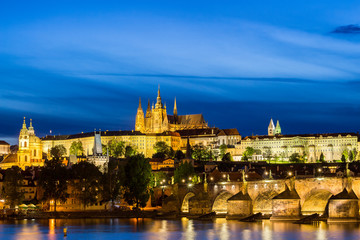 Fototapeta na wymiar Prague Castle, Charles Bridge and the Little Quarter at blue hour, Prague, Czech Republic.