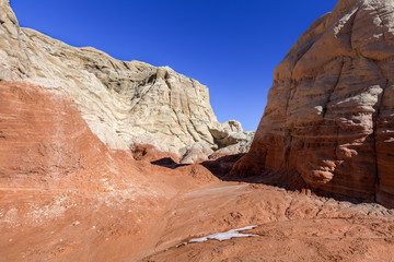 Fototapeta premium Toadstool Trail-north of Page Arizona.This fantasyland of mushroom formations against white cliffs and deep blue skies, is spectacular