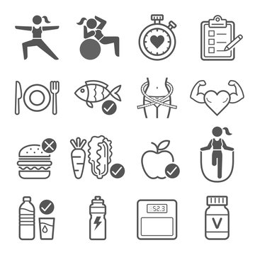 Diet and exercise icons. Vector illustrations.
