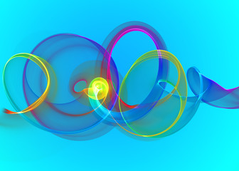 holiday glass transparent rainbow curved spiral and sircles over cyan blue Abstract Background. horizontal Illustration.