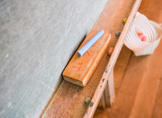 Blank blackboard with white chalk and eraser,back to school concept