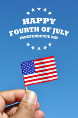 Happy Fourth of July greeting card with american flag in blue sky background - 112887362