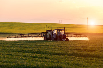Obraz premium Sunset above spraying machine