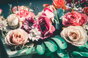 Close up colorful bunch of beautiful flowers.Vintage or retro tone.
