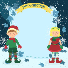 Fototapeta premium Notes Christmas Elf Couple. Illustration of christmas greeting card with elves in winter night background.