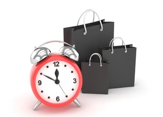 alarm clock and shopping bag (time to buy concept). 3d rendering.