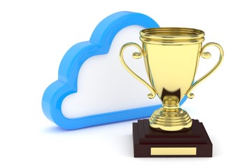 Isoalted golden cup with cloud on white background. Blue contour cloud. Concept of cloud storage competition. Leader cloud drive. Best storage contest. 3D rendering.