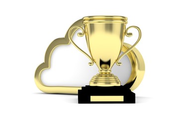 Isoalted golden cup with cloud on white background. Concept of cloud storage competition. Leader cloud drive. Best storage contest. 3D rendering.
