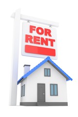Isolated model of house with sign for rent. Concept of real estate, new apartment and moving to a new house. 3D rendering.