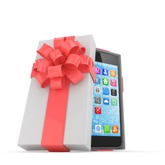 Smartphone in gift box. Isolated on white background. 3d rendering.