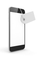 Smart phone with price tag on white background. Identification, price, label. 3D rendering.