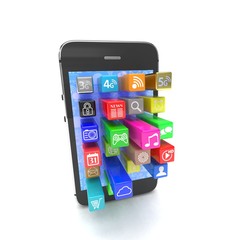  application software icons extruding from smartphone, isolated on white. 3d rendering.