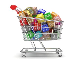 shopping cart with application software icons isolated on a white background. 3d rendering.