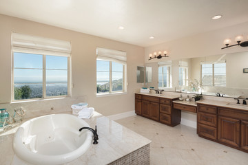 Luxury bathroom with marble tiles and oval bathtub with view window.
