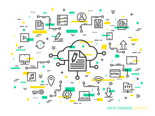 Online note storage vector illustration on colorful background. Web cloud technology graphic design. File storage creative concept. Linear internet data storage concept.