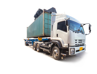 forklift car moving container box with truck ,isolated on white