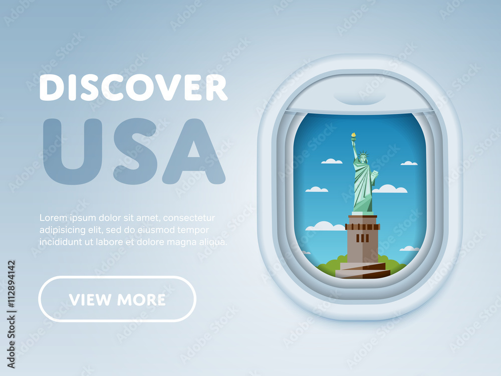 Wall mural Discover USA. Traveling the world by plane. Tourism and vacation theme. Attraction of airplane window. Modern flat vector design banner.