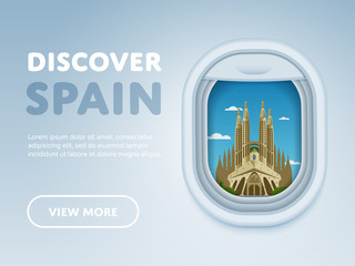 Discover Spain. Traveling the world by plane. Tourism and vacation theme. Attraction of airplane window. Modern flat vector design banner.