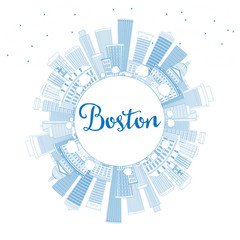 Outline Boston Skyline with Blue Buildings and Copy Space.