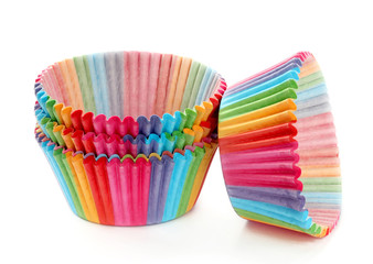 Colorful cupcakes paper packaging isolated on white