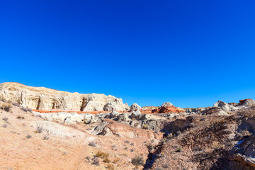 Fototapeta premium Toadstool Trail-north of Page Arizona.This fantasyland of mushroom formations against white cliffs and deep blue skies, is spectacular
