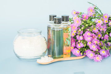 spa treatment with essence oils, salt scrup  and flowers