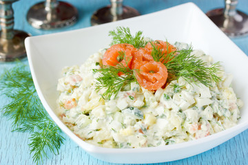 Fish salad with salmon vegetables and herbs