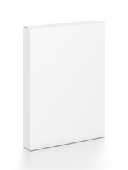 White thin vertical rectangle blank box from top front side angle. 3D illustration isolated on white background.